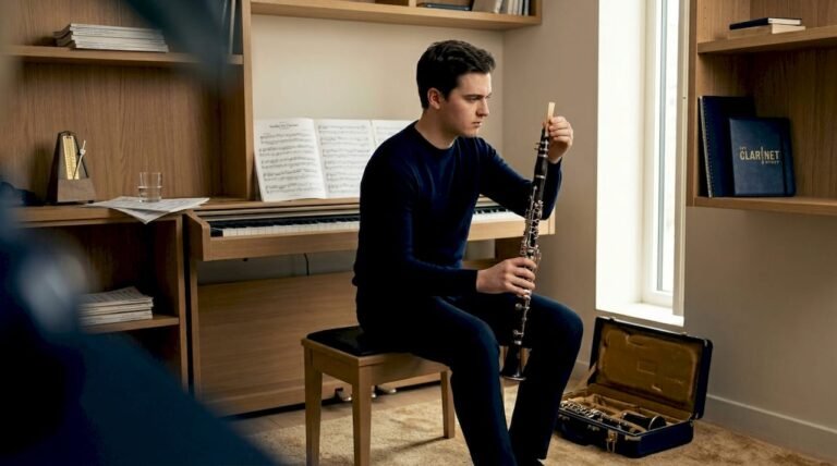 Clarinetist examining reed in sunny home studio