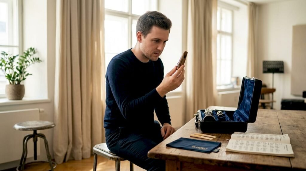 Clarinetist inspecting mouthpiece in studio