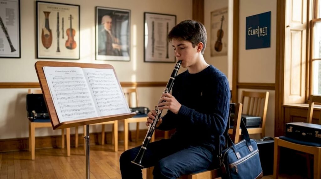 Teen student practicing clarinet in sunlit classroom