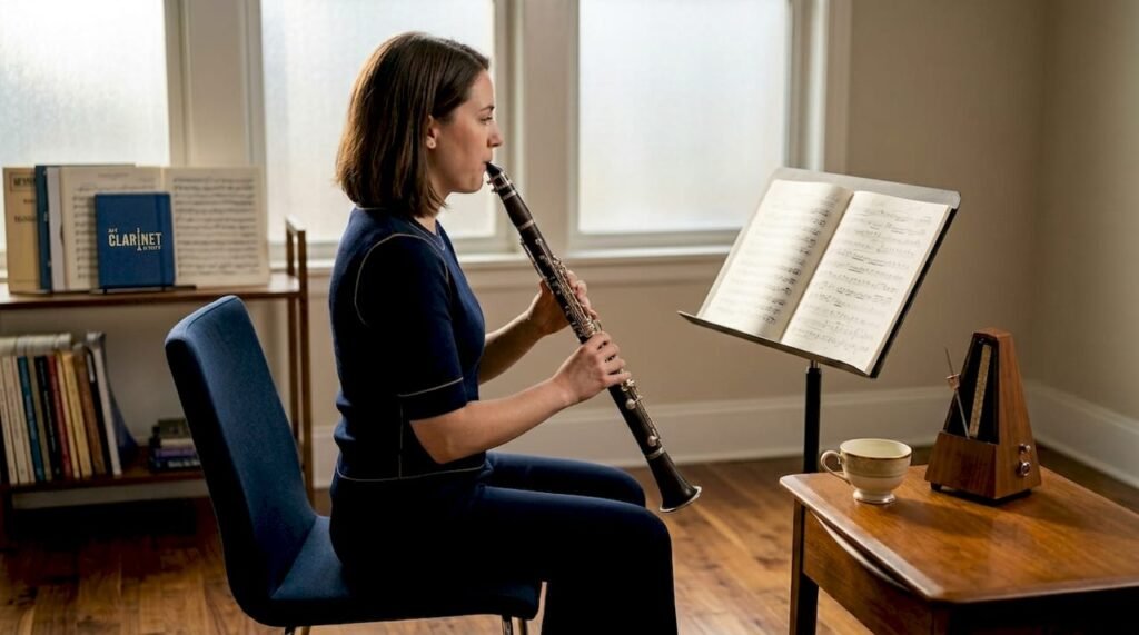 Clarinetist practicing with focused upright posture