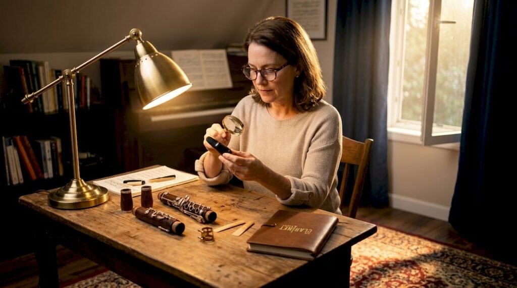 Clarinetist examining mouthpiece in home studio