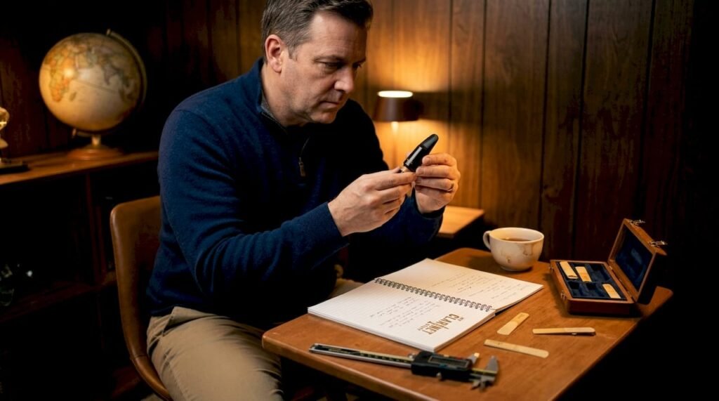 Clarinetist examining mouthpiece at home table