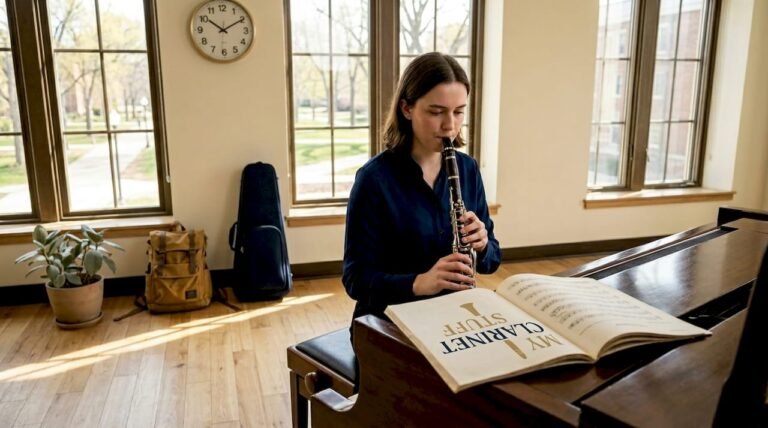 Clarinetist rehearses alone in practice room