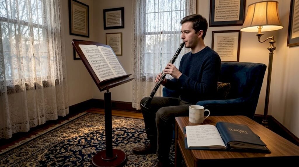 Clarinetist testing mouthpiece in living room