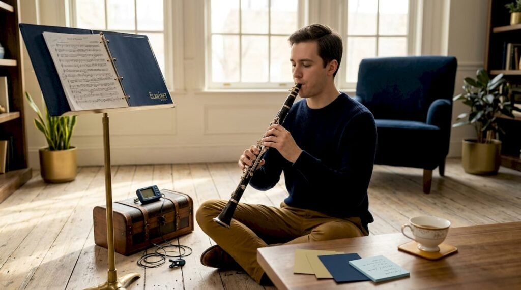 Clarinetist practicing intonation at home