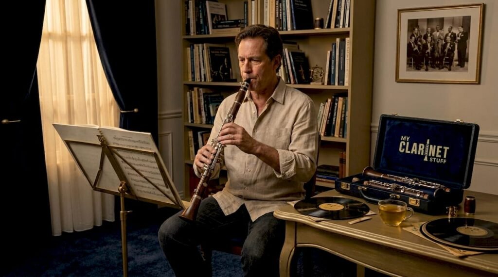 Jazz clarinetist practicing in a sunlit living room