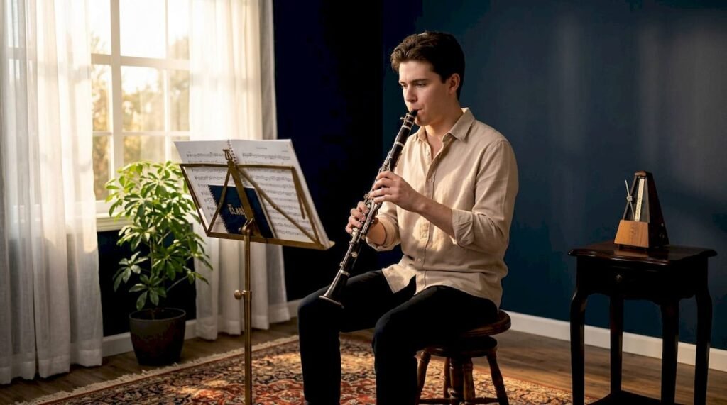Clarinetist practicing airflow technique in light music room