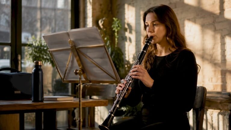 Clarinet player practicing breath support indoors