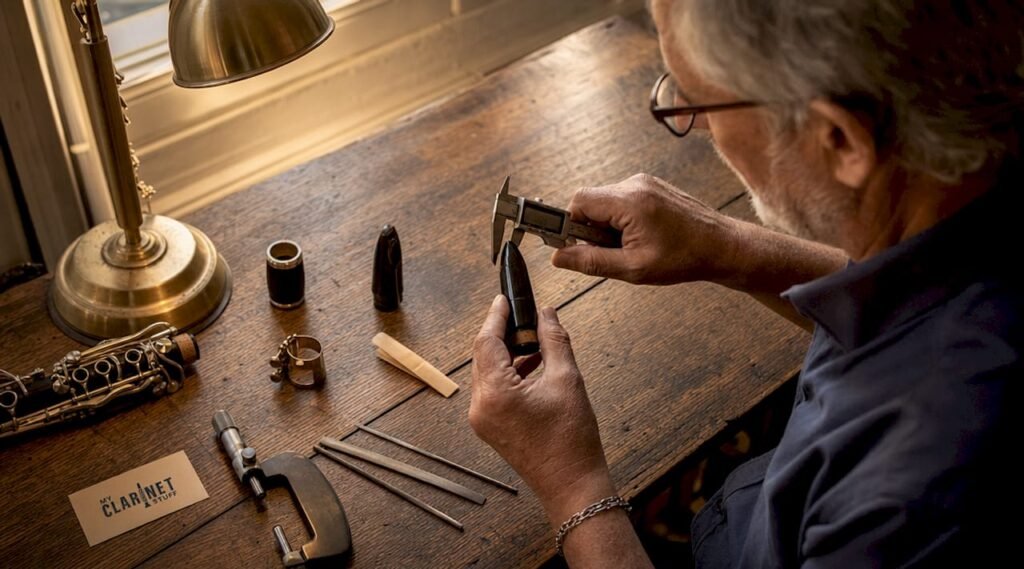 Best Clarinet Mouthpiece for Beginners: Why It Matters More Than the Clarinet Itself Craftsman measuring a clarinet mouthpiece by hand for precision