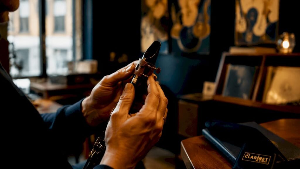 The Role of Ligature in Clarinet Sound and Setup Hands adjusting clarinet ligature on mouthpiece