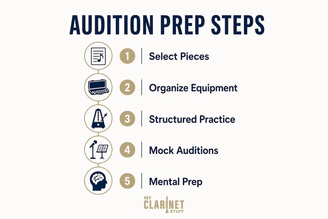 How to Prep for Clarinet Auditions: A Practical Guide Infographic outlining clarinet audition preparation steps