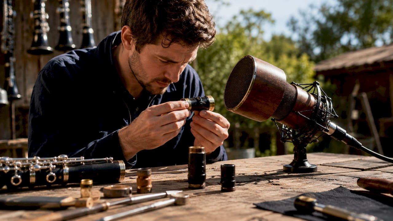 Musician testing clarinet barrel acoustics