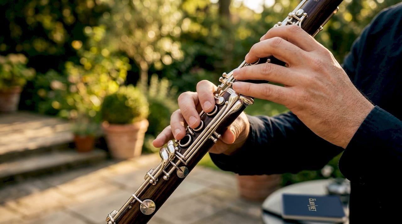 Hands adjusting clarinet fingerings for altissimo