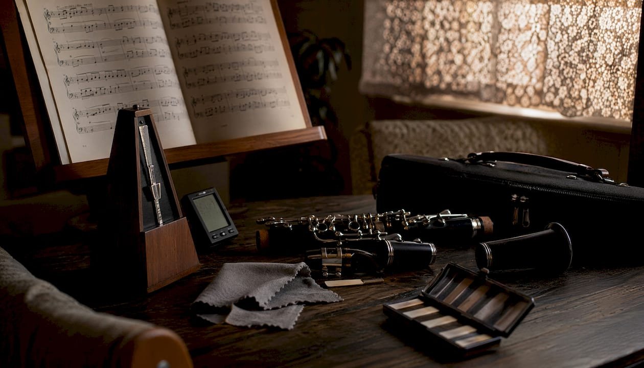 Clarinet practice tools neatly arranged on table