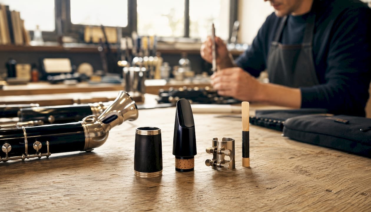 Bass clarinet components on wooden table with tool