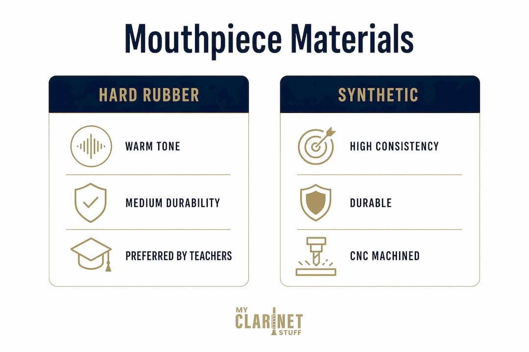 Infographic comparing hard rubber and synthetic mouthpiece materials