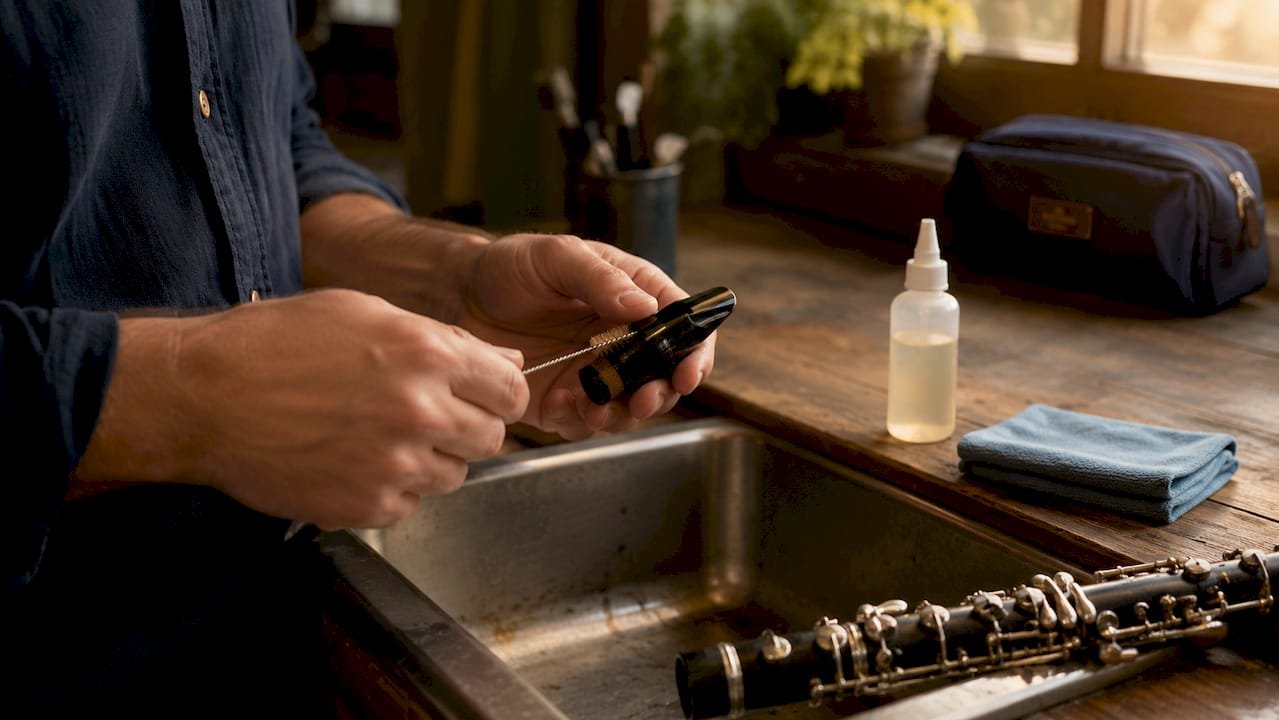 Hands cleaning clarinet mouthpiece with brush