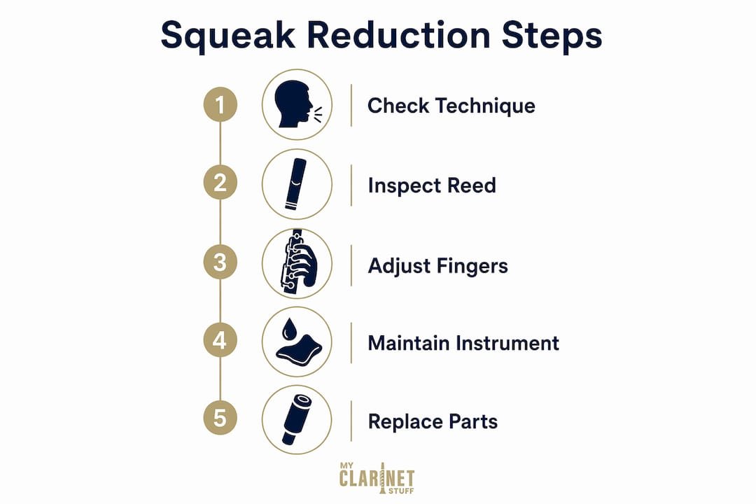 Infographic showing step-by-step clarinet squeak reduction process