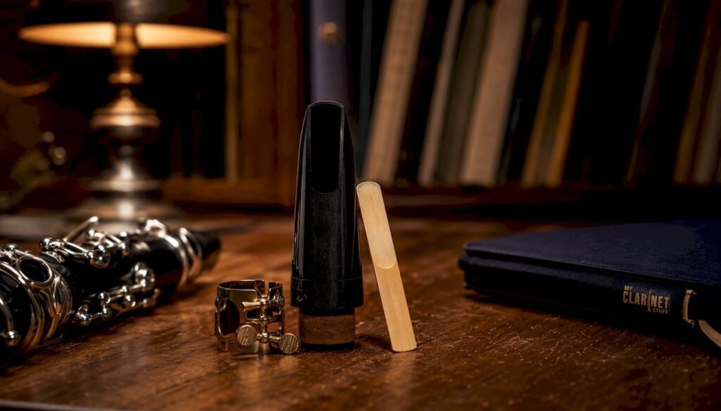 Clarinet mouthpiece with reed and ligature close-up