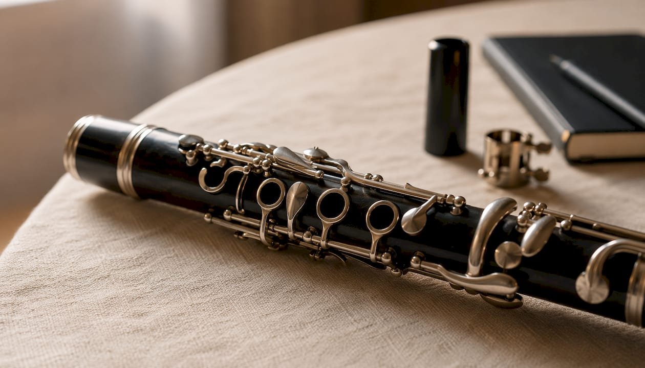 Close-up of clarinet keys and finger positioning on instrument
