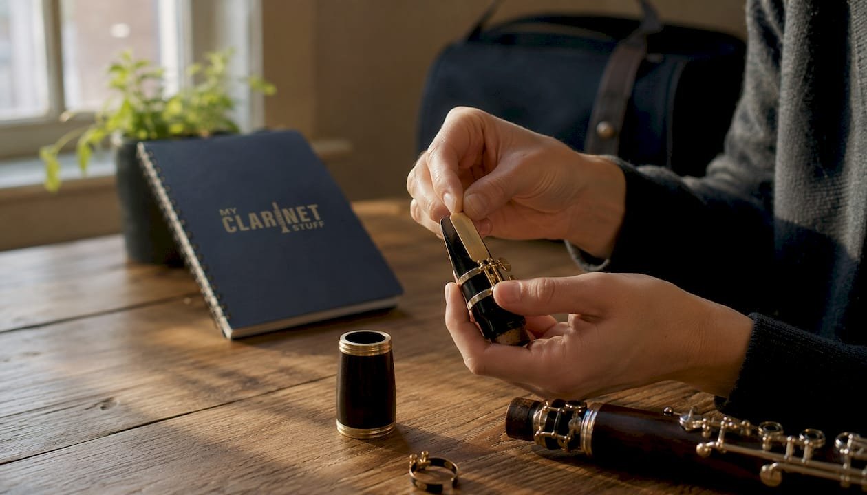 Musician hands adjusting clarinet mouthpiece and reed