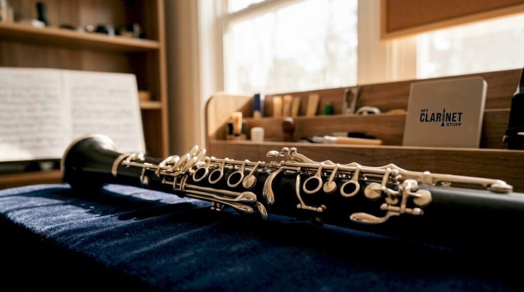 Close-up of clarinet lower joint with keys and pads