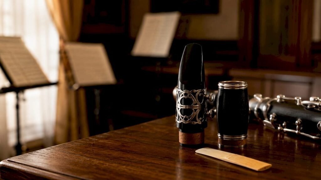 Eb Clarinet Band Music Examples for Every Ensemble Close-up of Eb clarinet mouthpiece with ligature and reed