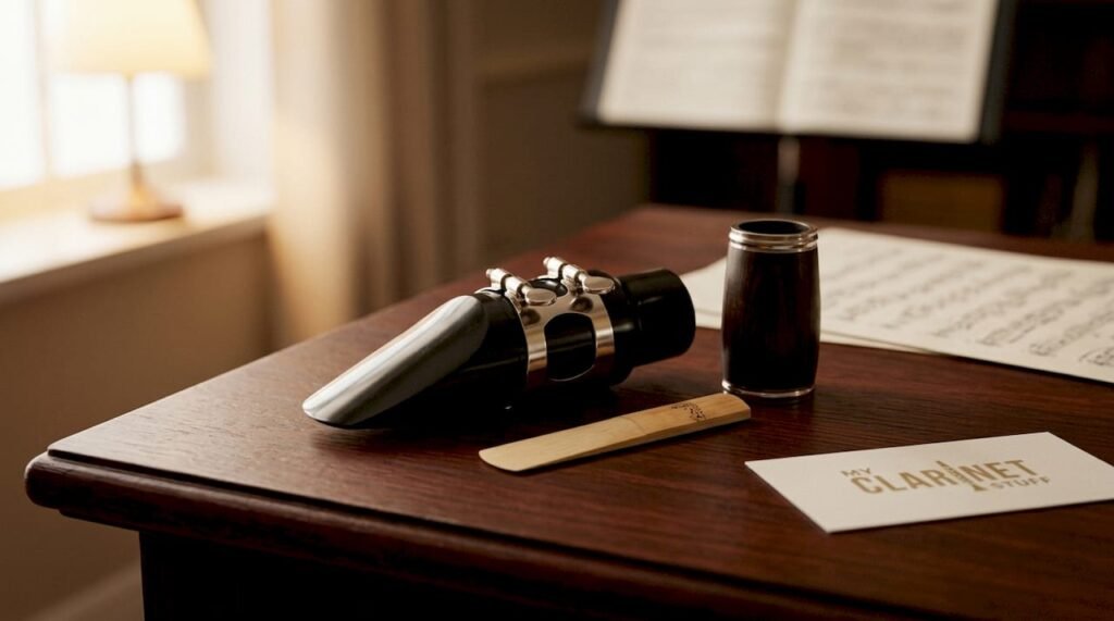 Bass Clarinet in Orchestra Explained for Musicians Bass clarinet mouthpiece and reed close-up with ligature
