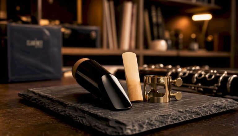 Close-up clarinet mouthpiece with reed and ligature