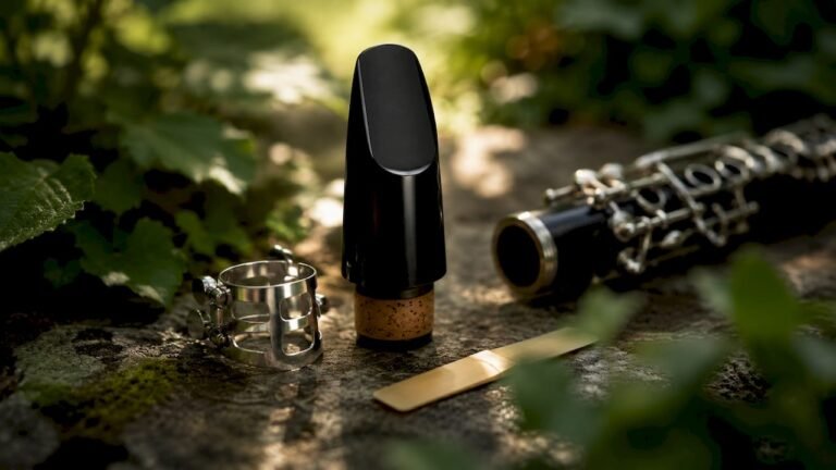 Clarinet mouthpiece, reed, and ligature elegantly arranged
