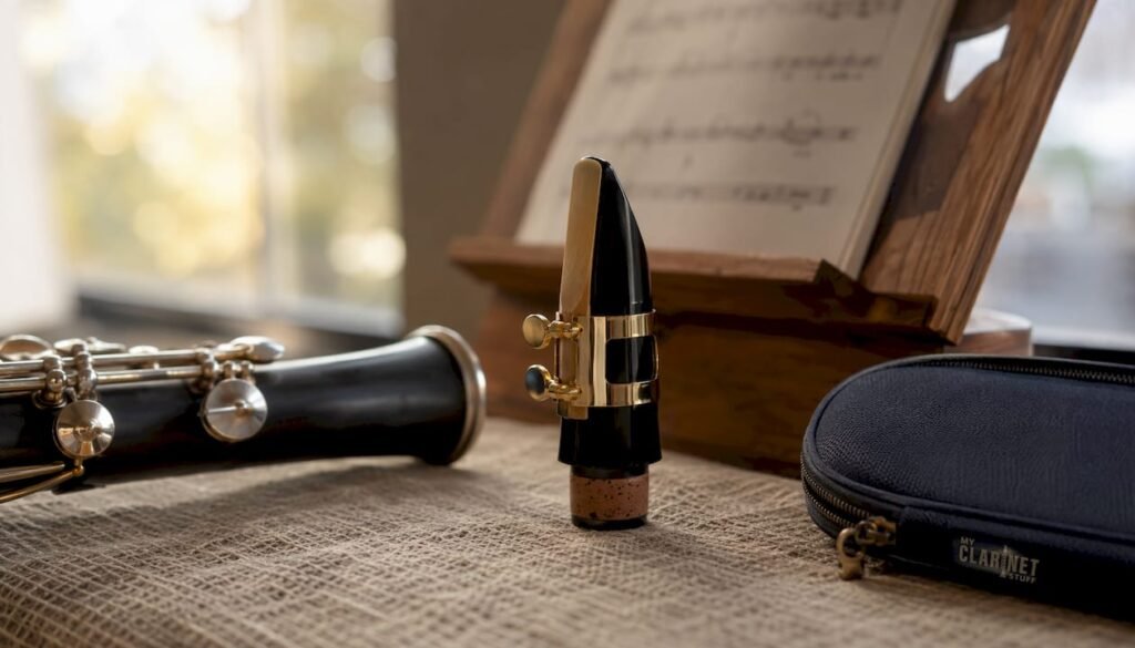 Clarinet Reeds for Beginners: Your 2026 Starter Guide Clarinet mouthpiece with reed on wooden table