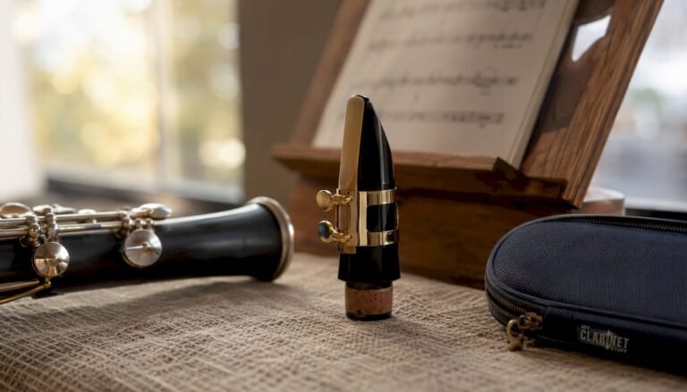 Clarinet mouthpiece with reed on wooden table