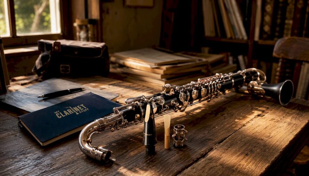 Close-up of basset horn clarinet parts on wood