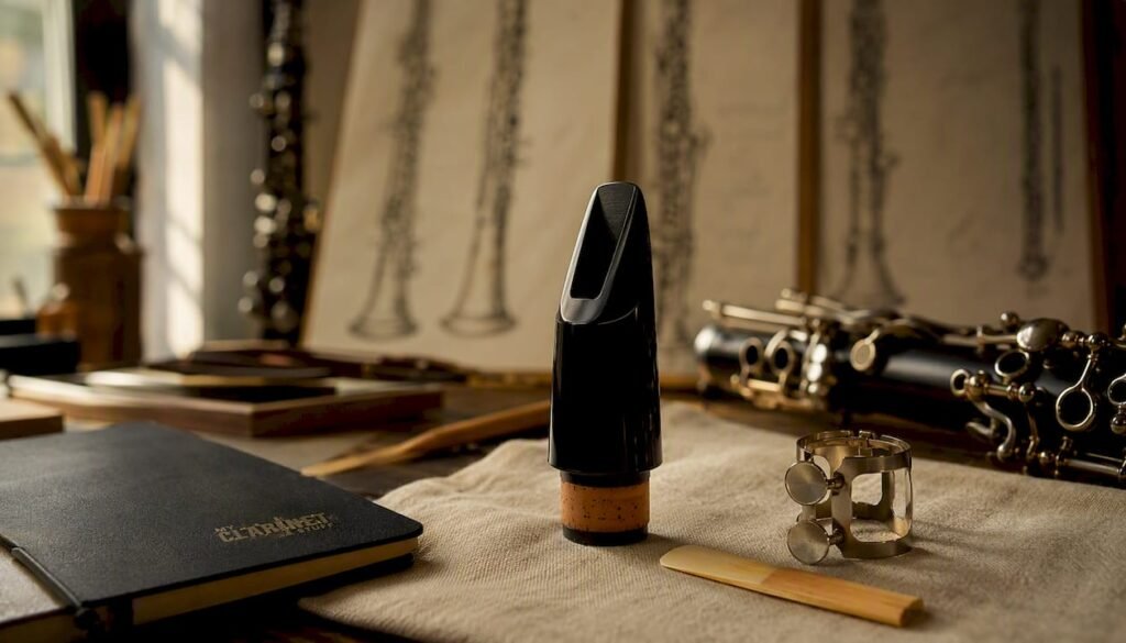 Close-up of handcrafted clarinet mouthpiece with reed and ligature