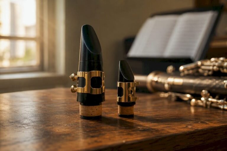 Close-up of clarinet mouthpieces and barrels