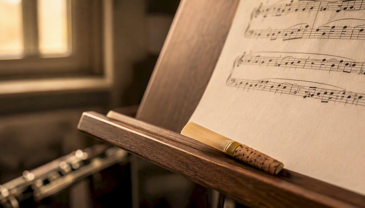 Clarinet reed on Mozart sheet music close-up