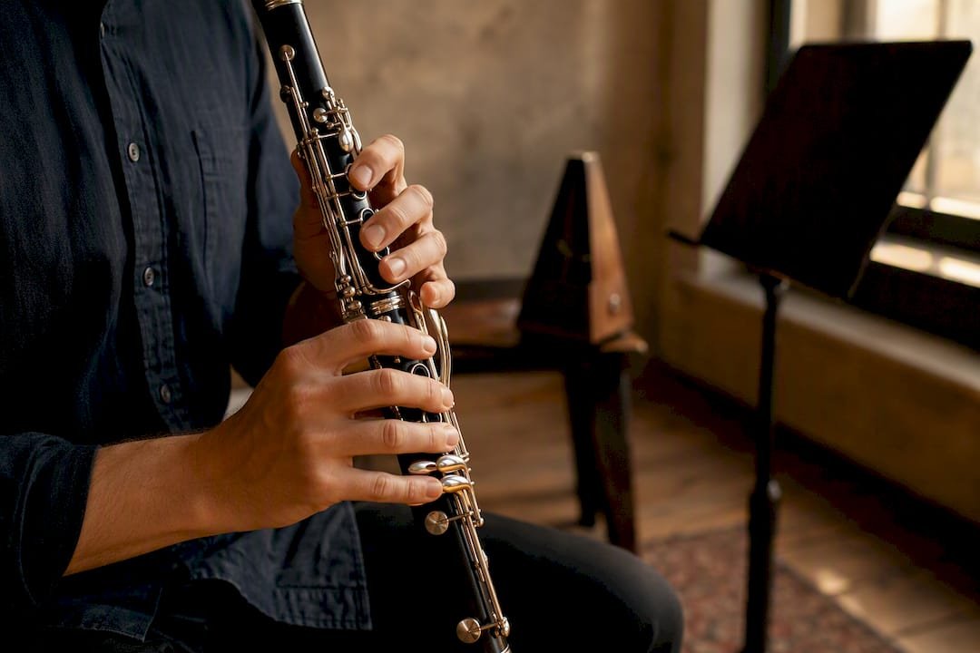 James Falzone: Clarinetist, Composer, and Educator Hand playing clarinet mouthpiece during jazz improvisation