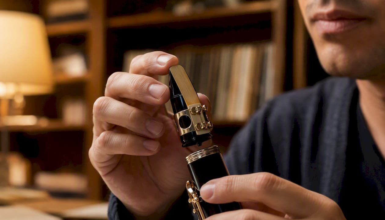 Hands adjusting clarinet mouthpiece placement