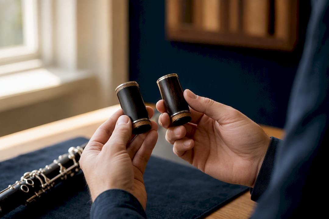 Clarinetists: A/B Test Custom Barrels at Home to Smooth Throat Tones Hands holding two clarinet barrels for testing