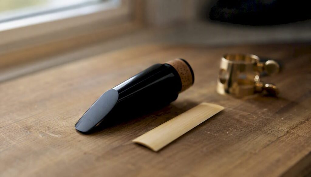 Clarinet mouthpiece with reed and ligature on dark cloth