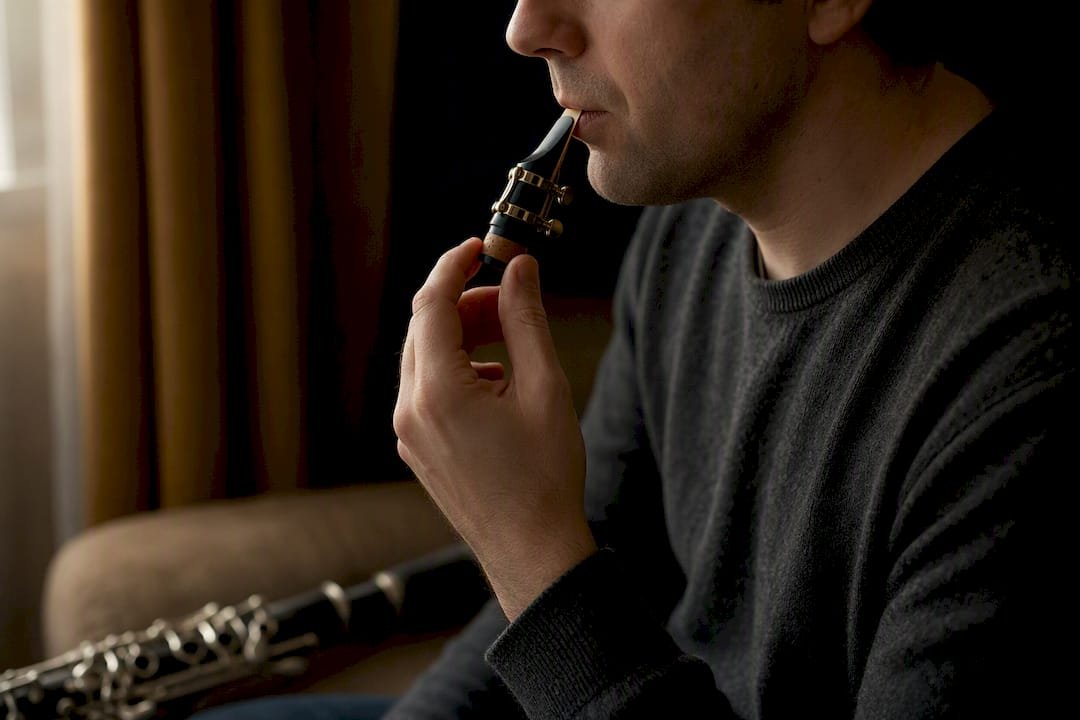 Clarinetist demonstrating vocal tract shaping with mouthpiece
