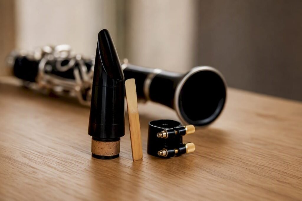 Clarinet mouthpiece reed and barrel close-up