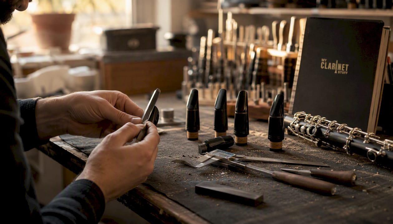 Clarinet mouthpieces and precision tools on workshop bench