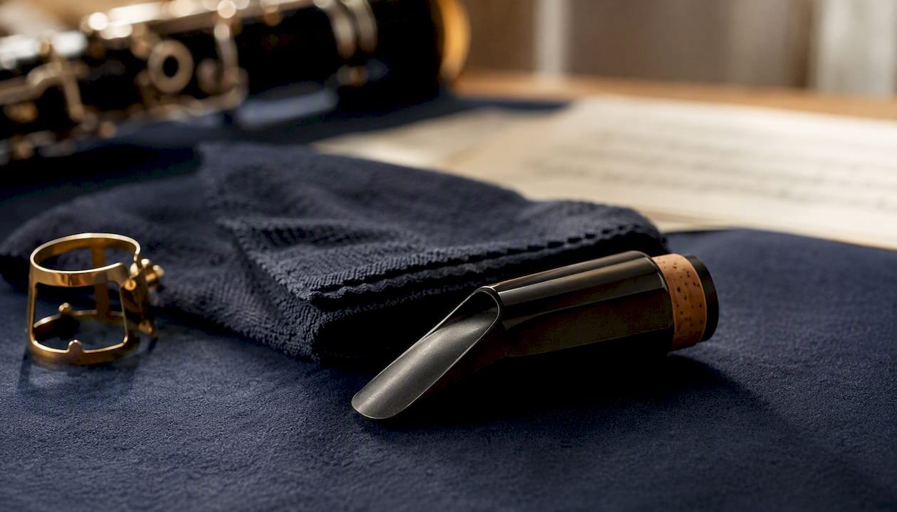 Clarinet mouthpiece drying on cloth