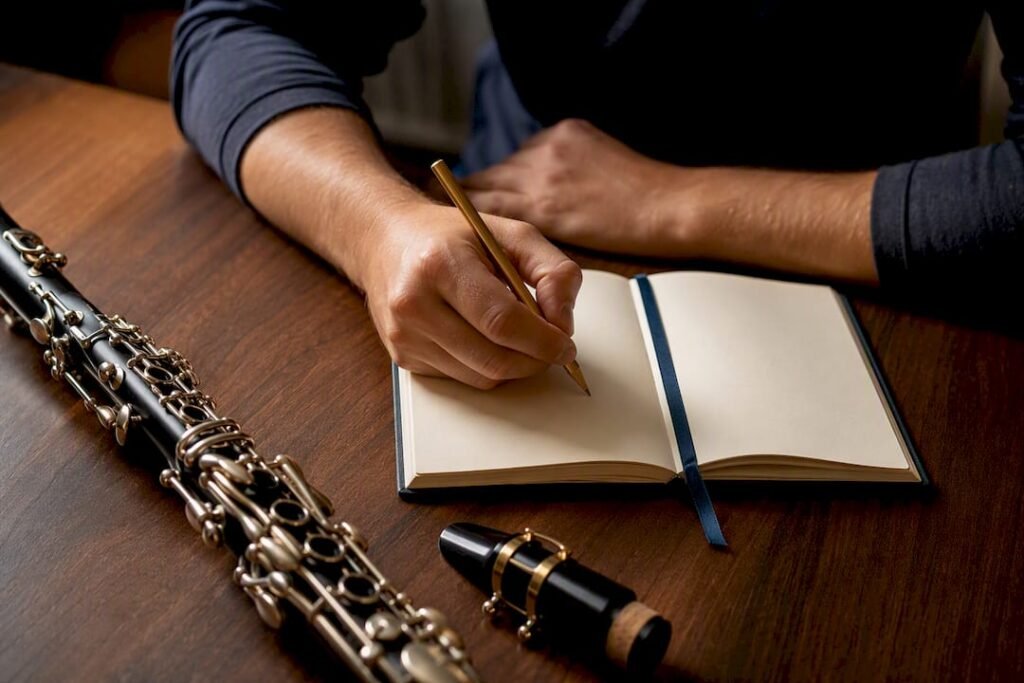 Weekly clarinet practice journal beside keywork