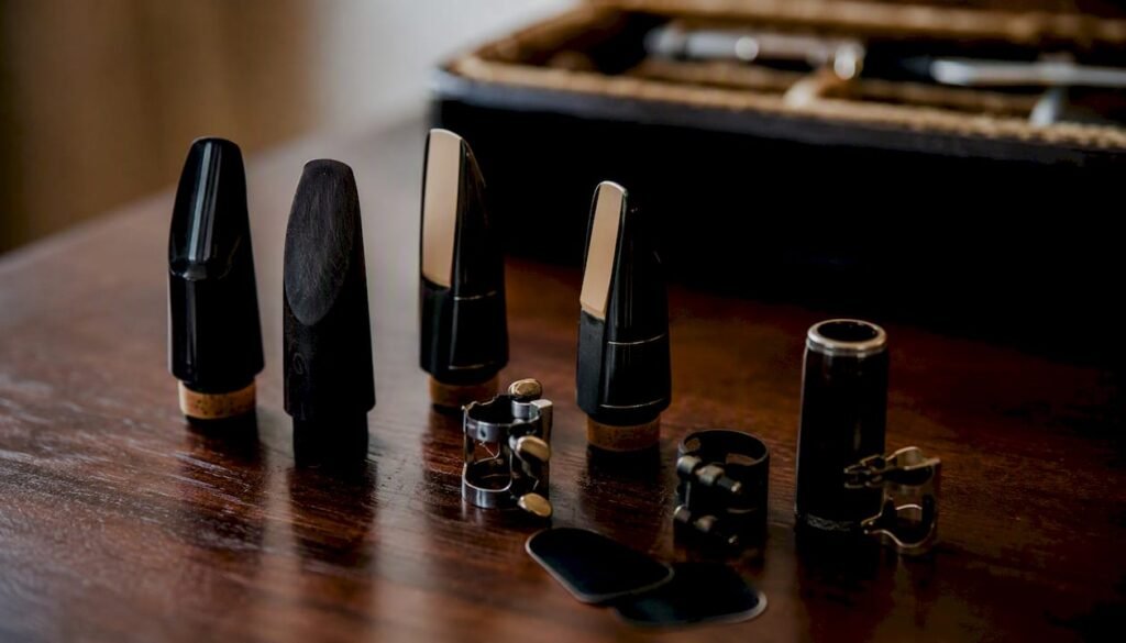 Clarinet mouthpieces and accessories on wood table