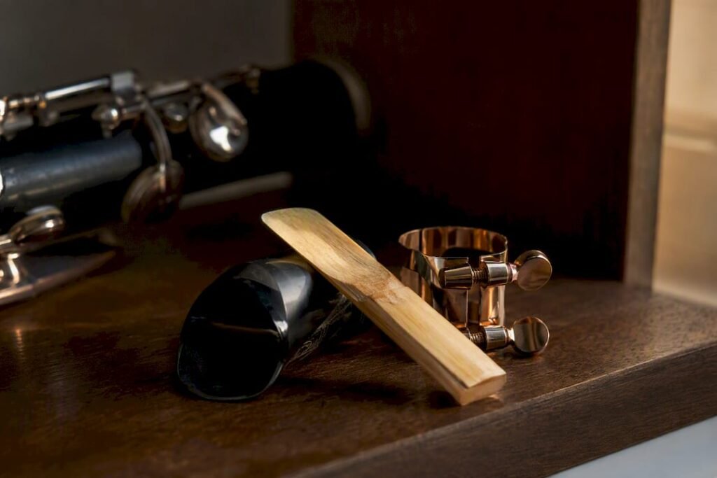 Clarinet mouthpiece and reed on table