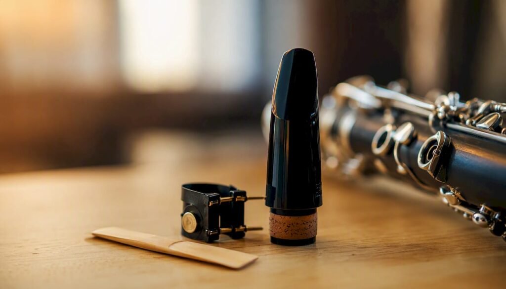 Clarinet mouthpiece and reed on wooden surface