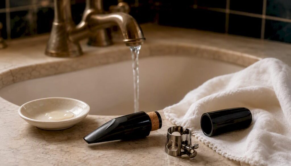 Clarinet mouthpiece and cleaning cloth on table