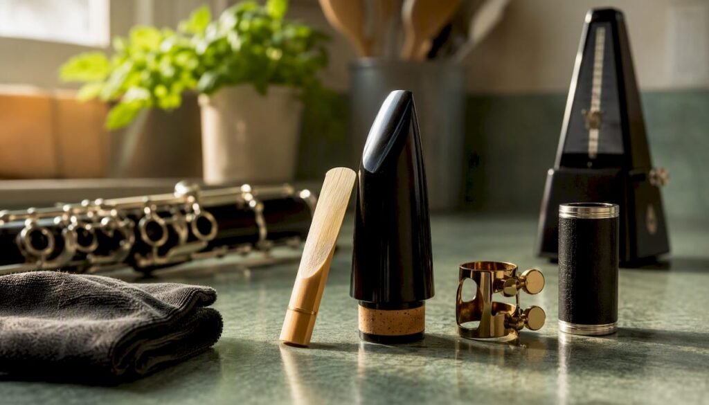 Clarinet mouthpiece with reed and ligature on desk